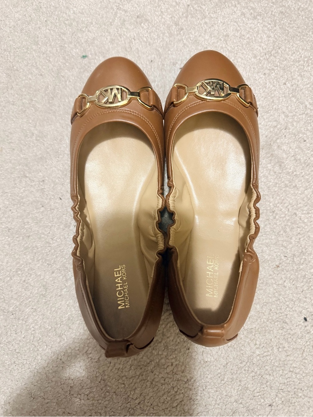 Michael Kors Tan Leather Ballet Flats with Gold MK Hardware